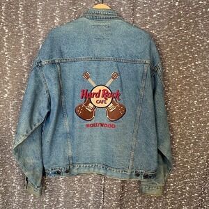 Vintage 90s Hard Rock Cafe Denim Trucker Jacket Hollywood Dual Guitars Size XL